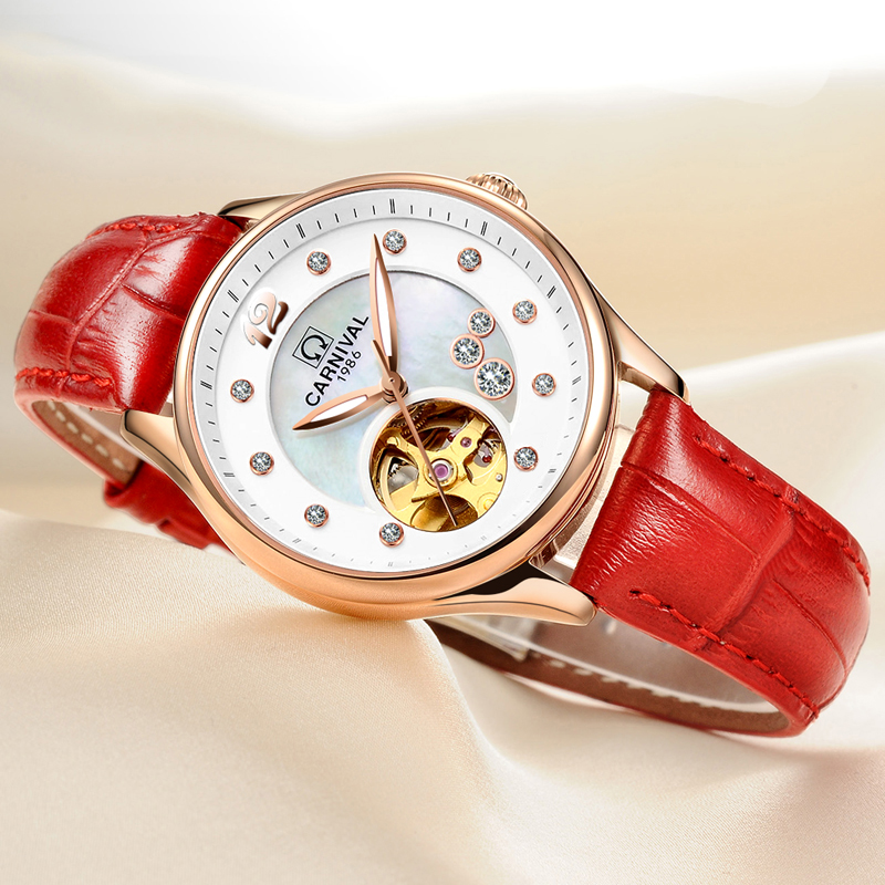 Skeleton Mechanical Watch - Швейцарские роскошные женские часы CARNIVAL с